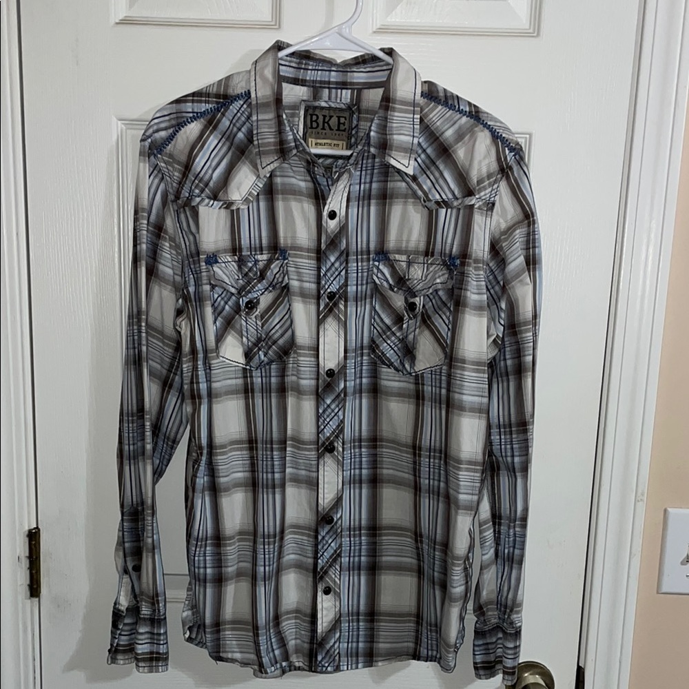 BKE Men's Plaid Western Shirt Blue White and tan athletic fit medium